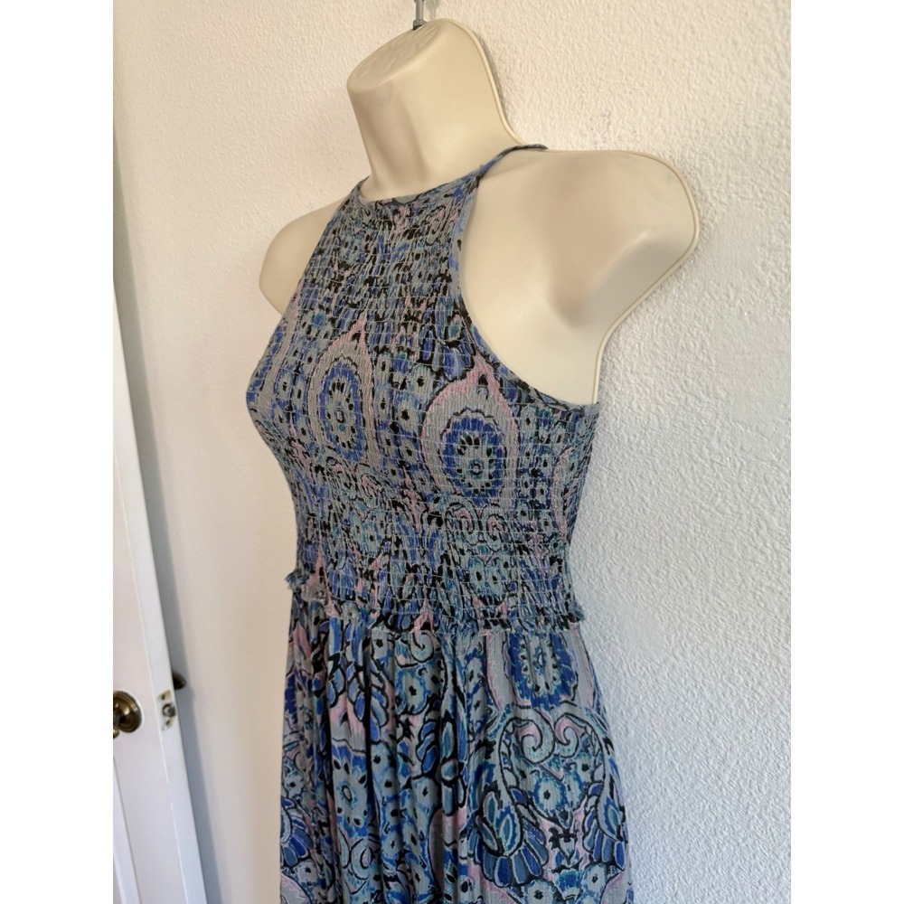 Free People Smocked Midi Dress Sz S Blue Paisley High Neck Sleeveless Boho Beach - Picture 8 of 12